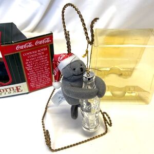 Coca-Cola Plush Gray Seal with Red Hat and Plastic Bottle Ornament • NWT